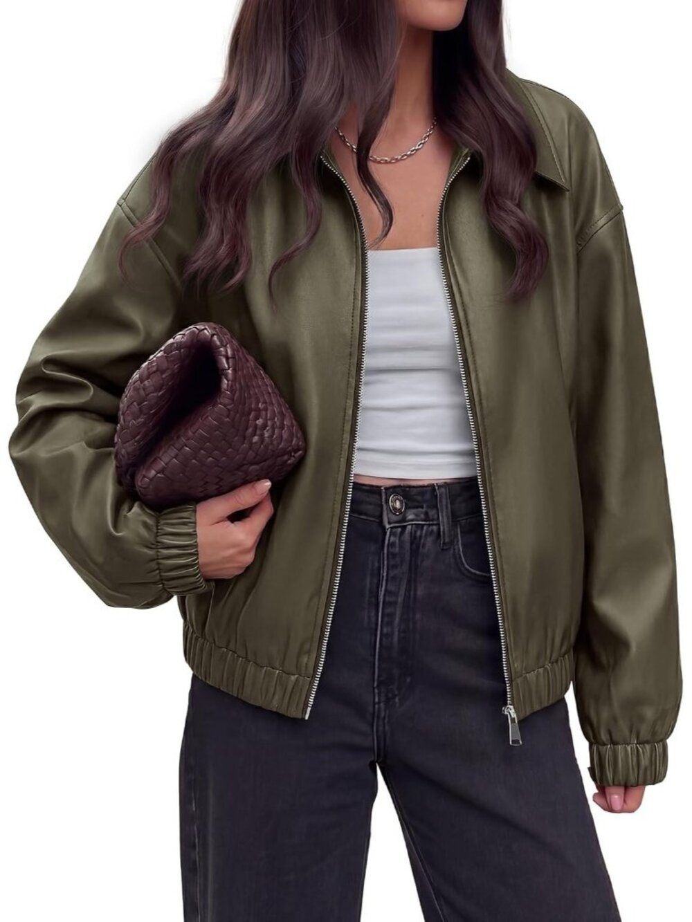 Women Army Green Leather Lapel Collar Long Sleeve Pockets Zip Up Bomber Jacket